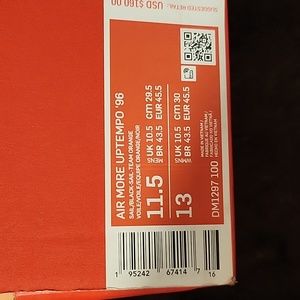 Air More Utempo '96, men's size 11.5, white with Black "Air," multicolor outline